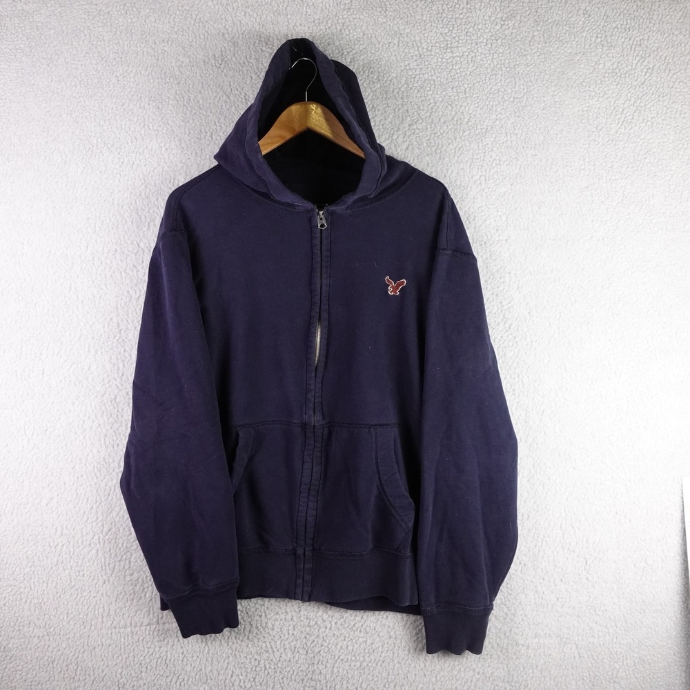 American Eagle Men XXL Navy Blue Full Zip Hoodie Vintage Fit Eagle Logo Fleece